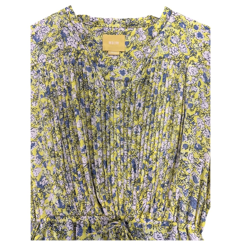 Anthro Maeve Galen Floral Dress Yellow Blue Boho Mini Sz S Pockets Sheer Coastal - Picture 7 of 16